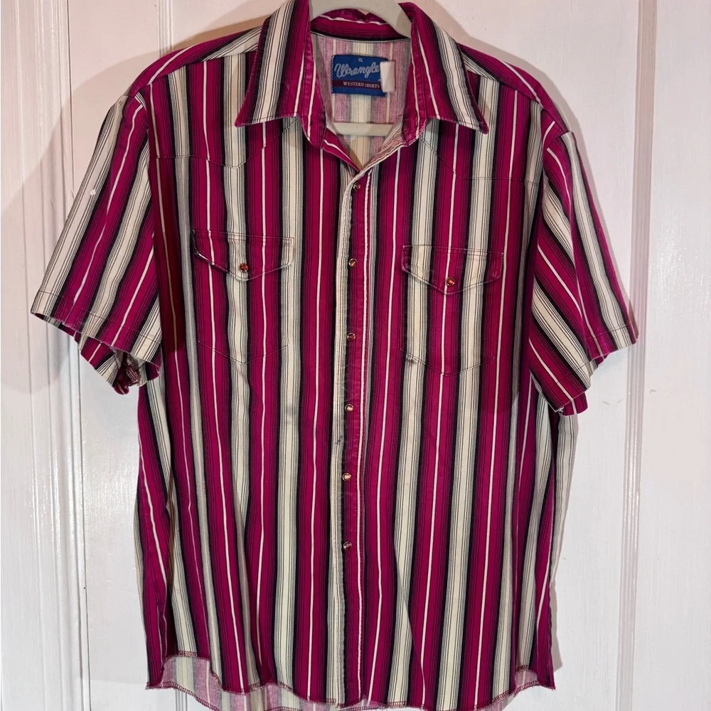 Vintage Wrangler Men's Shirt Stripes Red Black Western Pearl Snap Down XL 90s - Picture 1 of 8